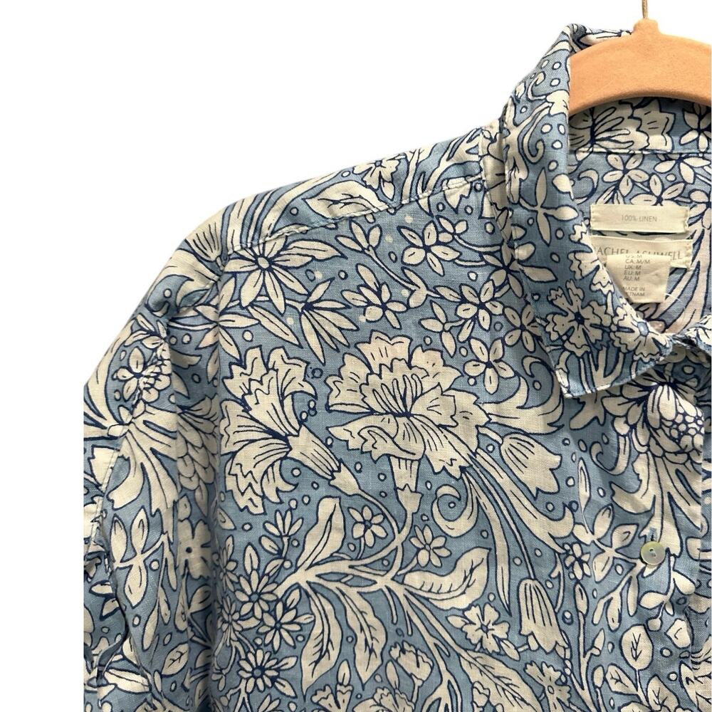 Rachel Ashwell Blue Floral Short Sleeve Button Down Boxy Linen Coastal Shirt - Picture 5 of 10